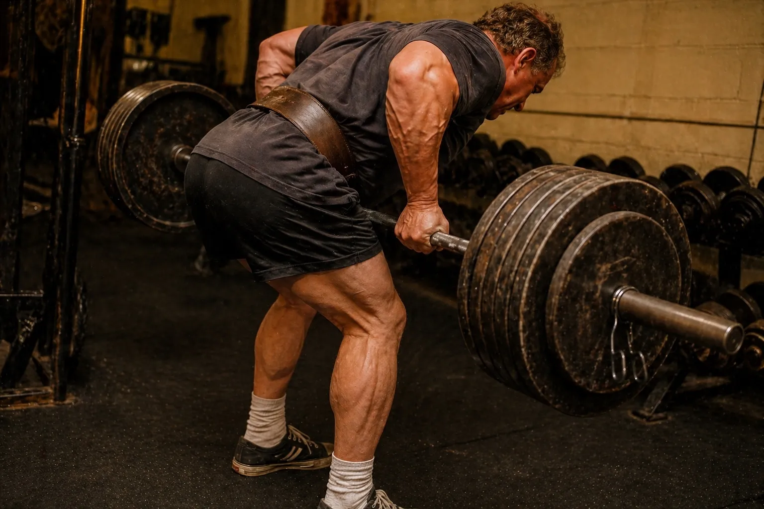 Heavy barbell squat in a garage gym